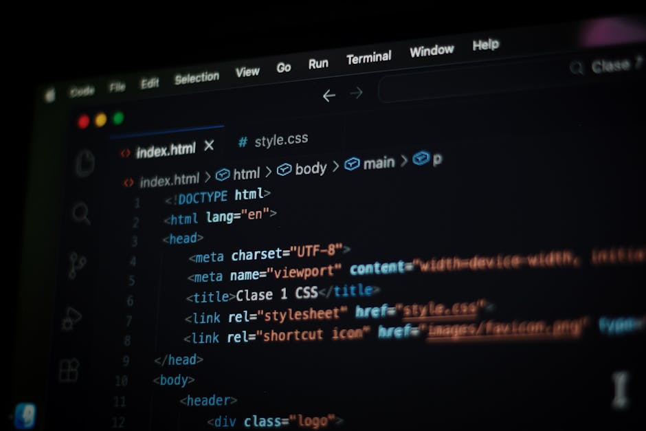 A computer screen displaying a webpage with HTML code in a text editor. The code includes tags such as <html>, <head>, <title>, and <link>, with visible attributes and content related to webpage struc